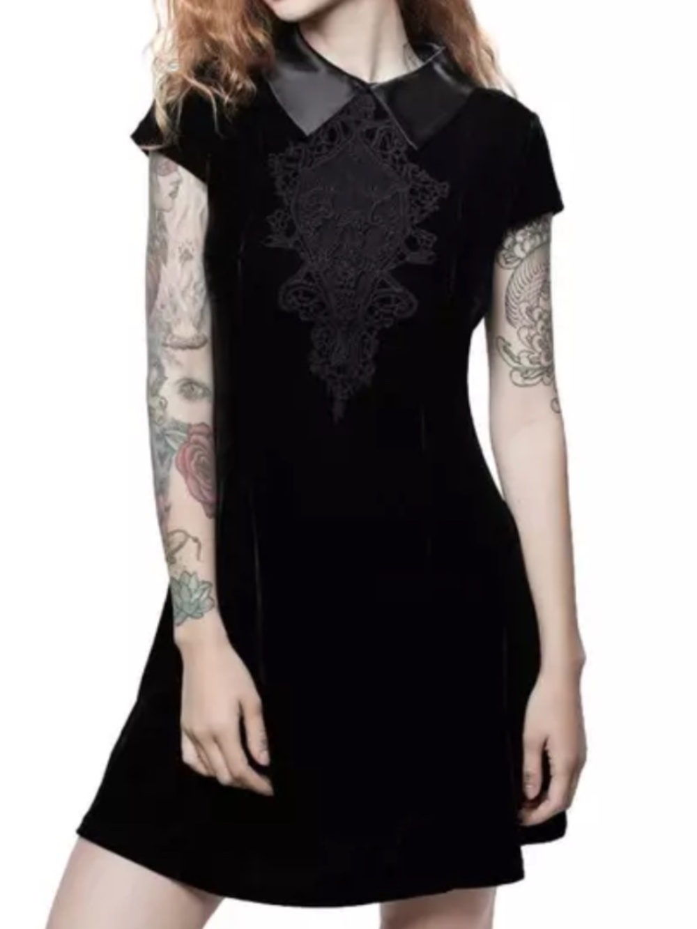 KILLSTAR Mortina Black Velvet Skater Dress Embroidery Front Satin Collar Stretch